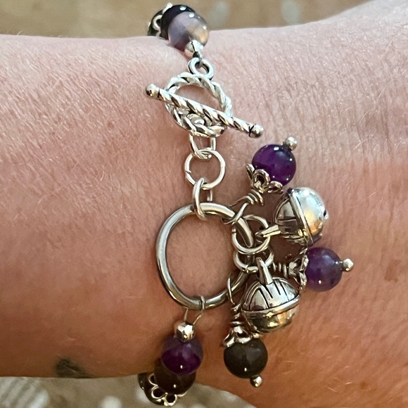 New Gorgeous Violet Czech Glass Flower & Purple Agate Charm Bracelet - Picture 2 of 11